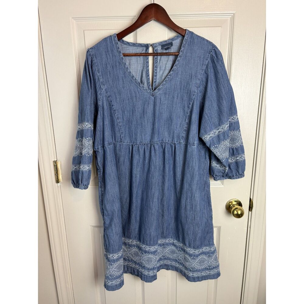 J Jill Denim Blue Jean Dress Embroidered  Summer Knee Length Dress Size Large L - Picture 6 of 8